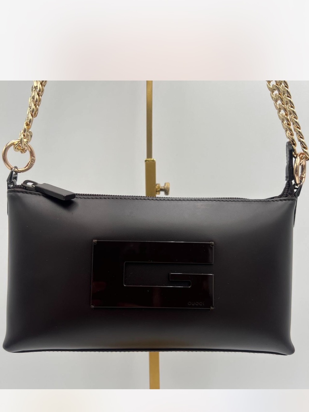 Black Leather Shoulder Bag with Gold Chain Strap
